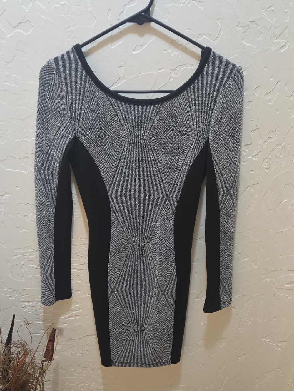 cameo Black and Silver Geometric Long Sleeve Bodycon Dress